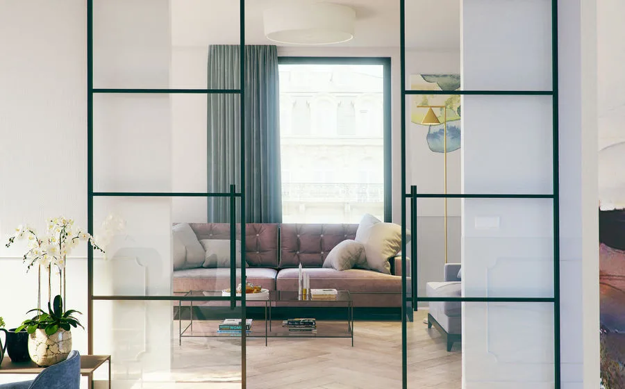 Modern strakke woonstijl schuifdeur in woonkamer