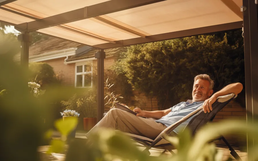 man in ligstoel met terrasoverkapping van suncircle