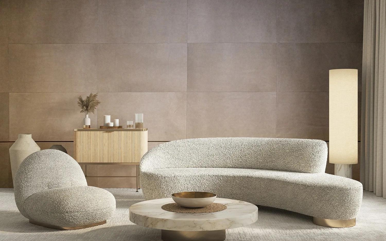 Wandbekleding leer Belledo bruin sfeerbeeld woonkamer liggend