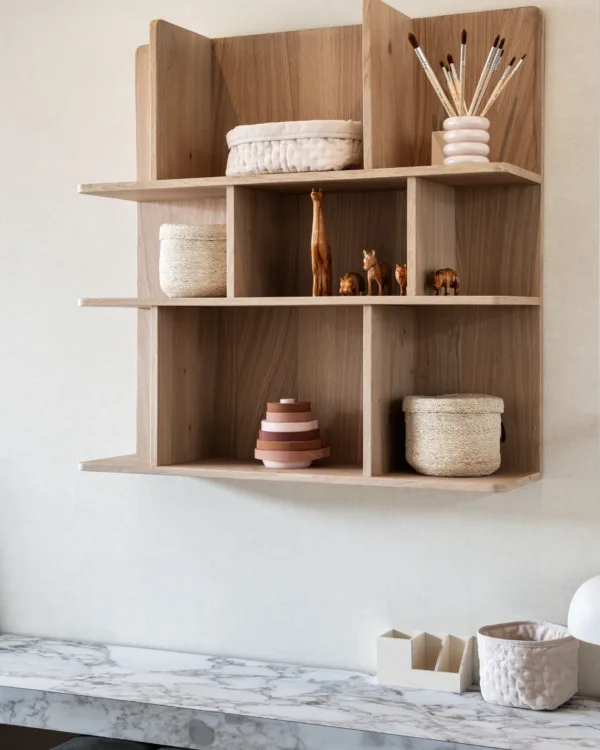 Detailshot van wanddecoratie met planken