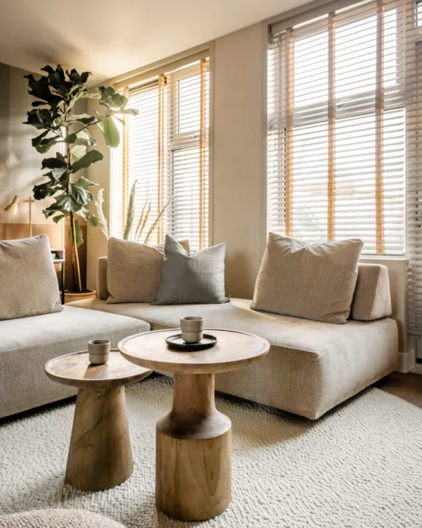 Woonkamer met Luxaflex® jaloezieën in de kleur Vintage 8337