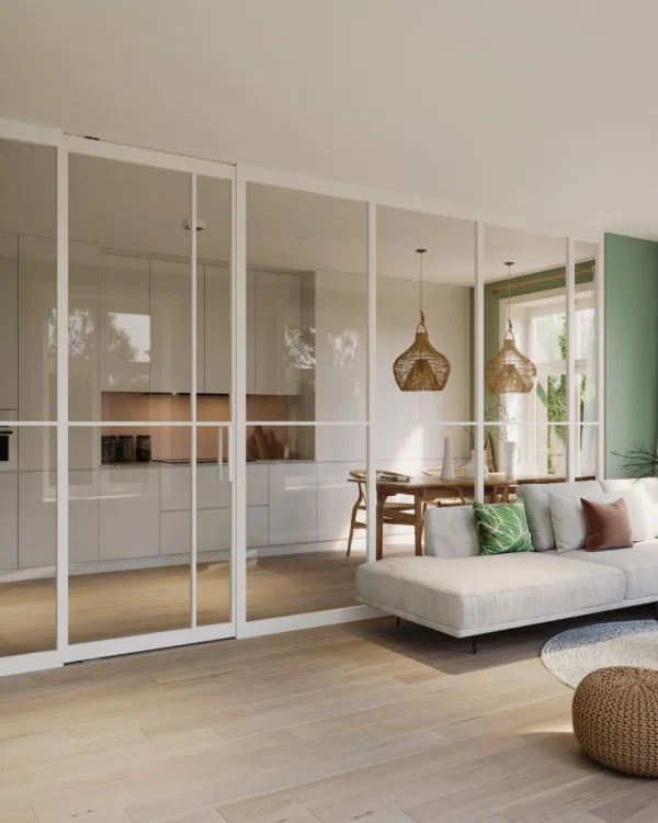 Witte scheidingswand van glas en metaal