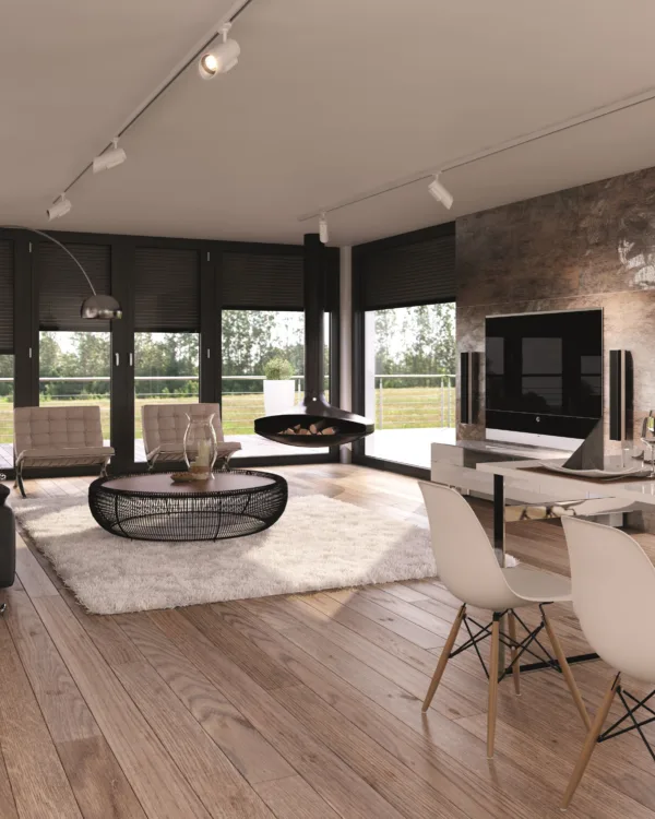 Huis van binnen woonkamer met rolluiken