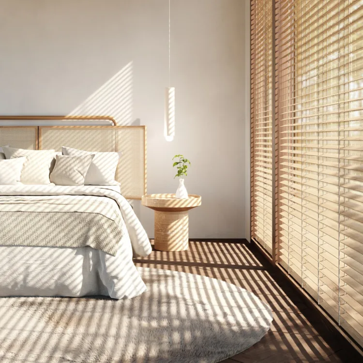 Beige houten jaloezieën in de slaapkamer