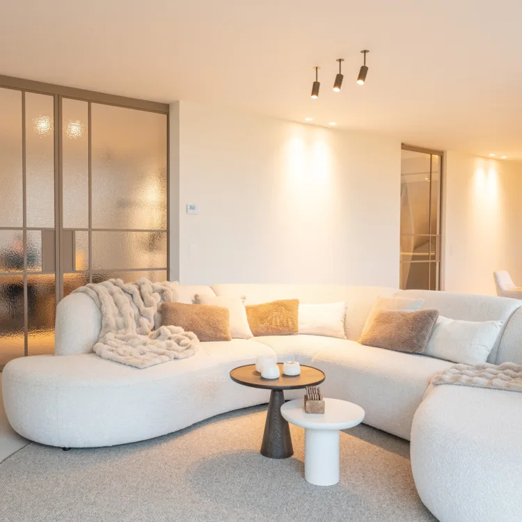 Woonkamer met een witte bank, een rond vloerkleed en beige stalen deuren