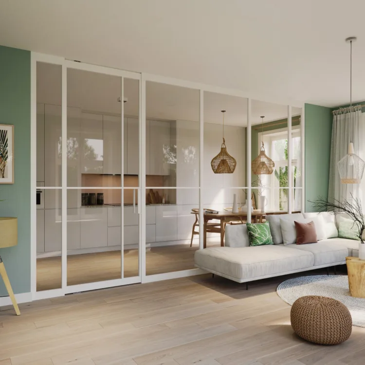Witte scheidingswand van glas en metaal